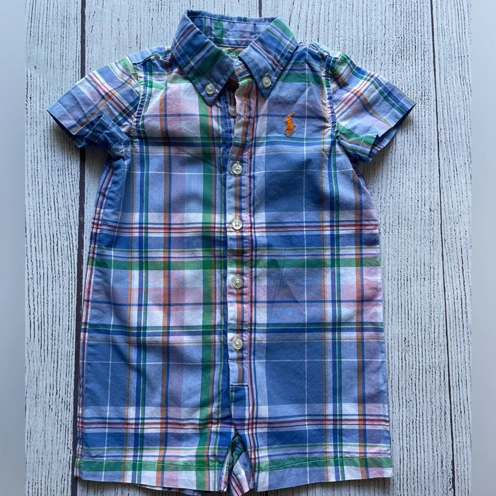 Ralph Lauren Blue Plaid Button Down Romper Size 3 months